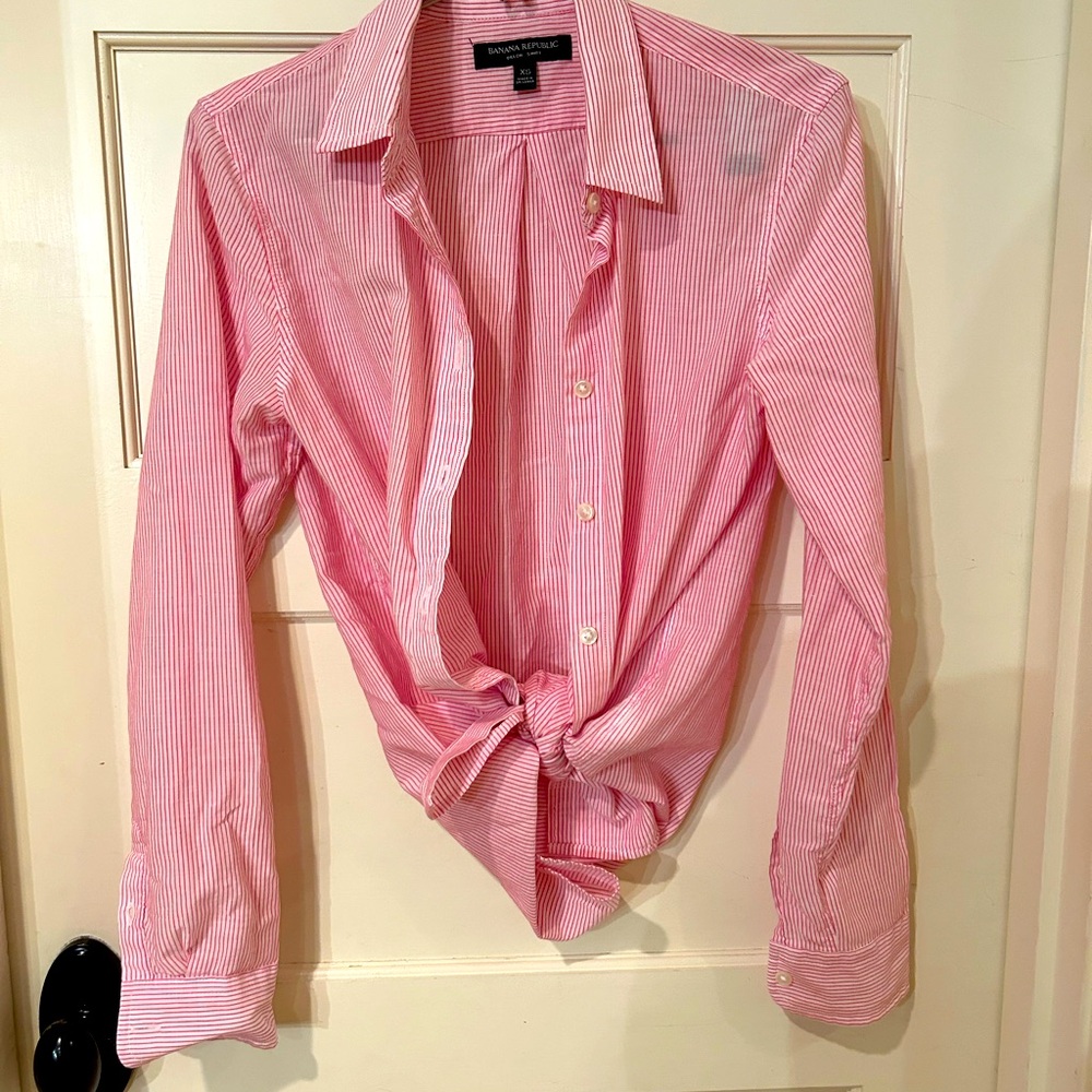 Cotton, button-down, pink pinstripe ladies top
